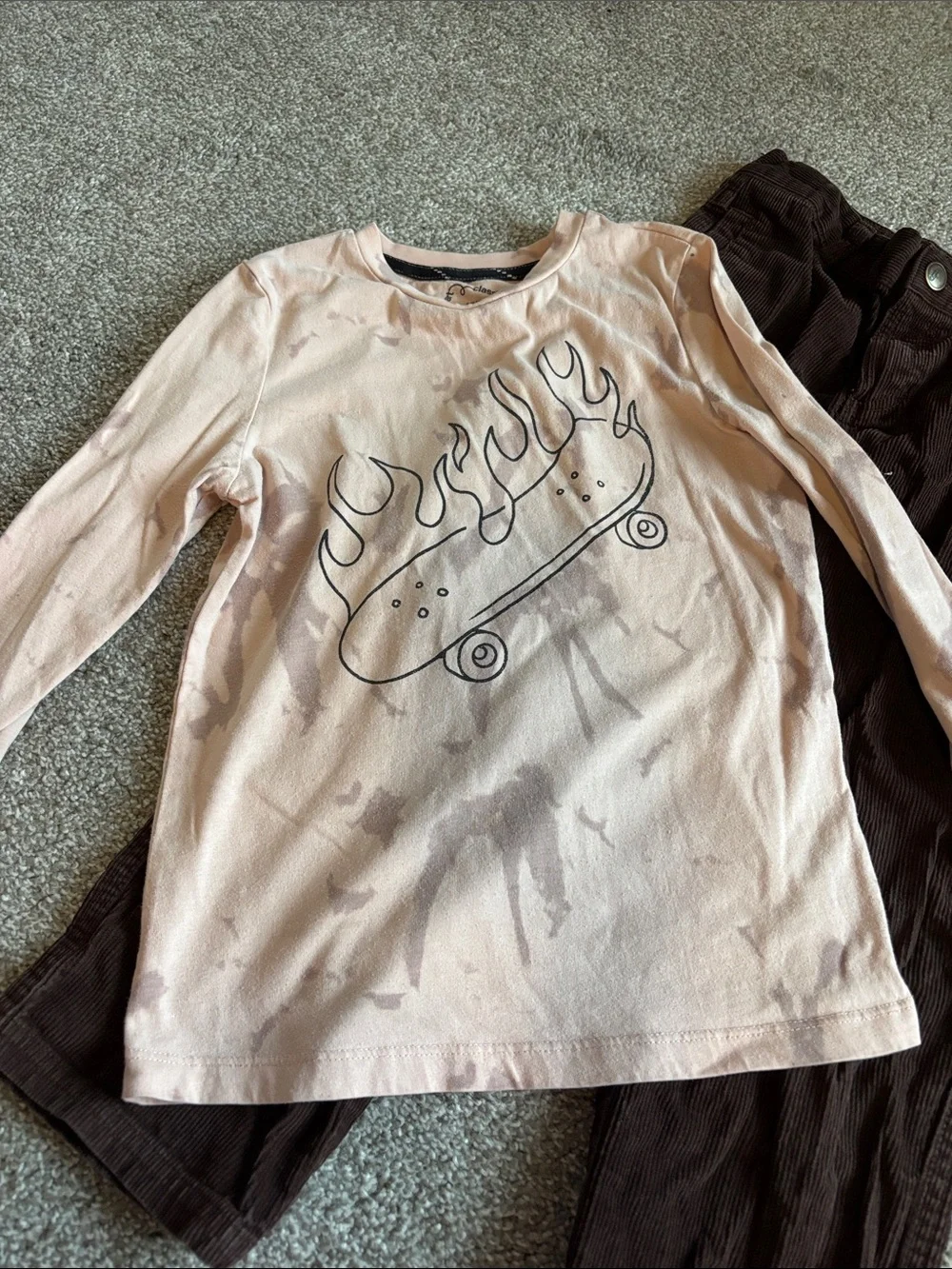 Kids Long-Sleeve Skateboard Graphic Tee and Brown Corduroy Pants bundle
